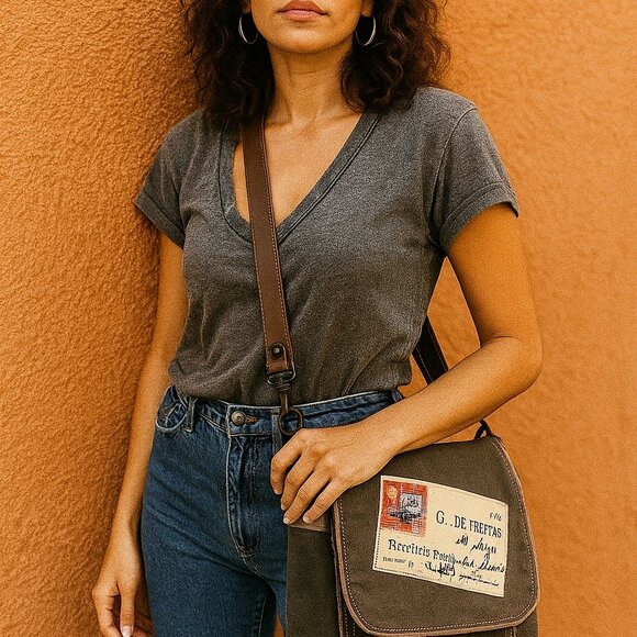 Chloe & Lex Cotton + Leather Crossbody Bag – Vintage Stamp Design - Picture 2 of 15